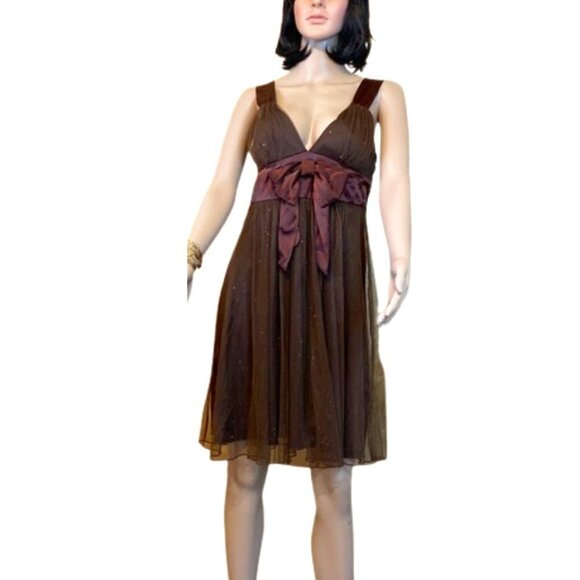 SPEECHLESS  RIBBON BOW CHIFFON EVENING COCKTAIL PARTY BROWN V‎ NECK MINI … - Picture 1 of 6